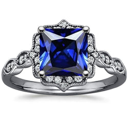 Blue Sapphire Natural Earth Mined Diamond Halo Ring Princess Cut Vintage Style 6 Carats