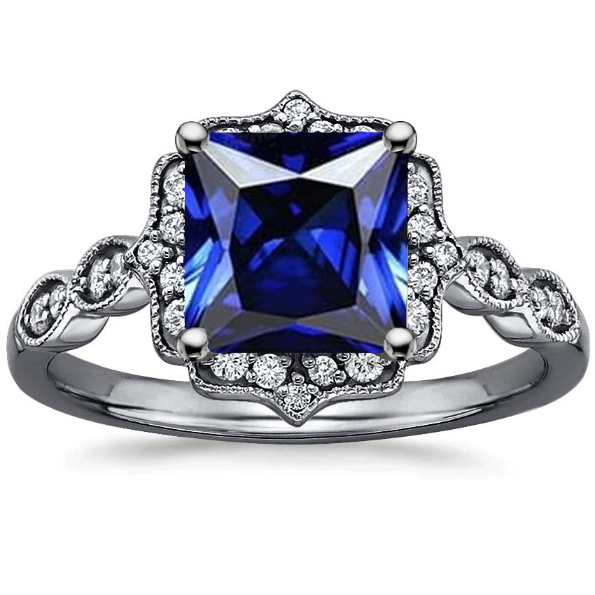 Blue Sapphire Natural Earth Mined Diamond Halo Ring Princess Cut Vintage Style 6 Carats