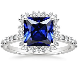 Natural Earth Mined Diamond Engagement Ring Halo Ceylon Sapphire Sunburst Style 6.25 Carat