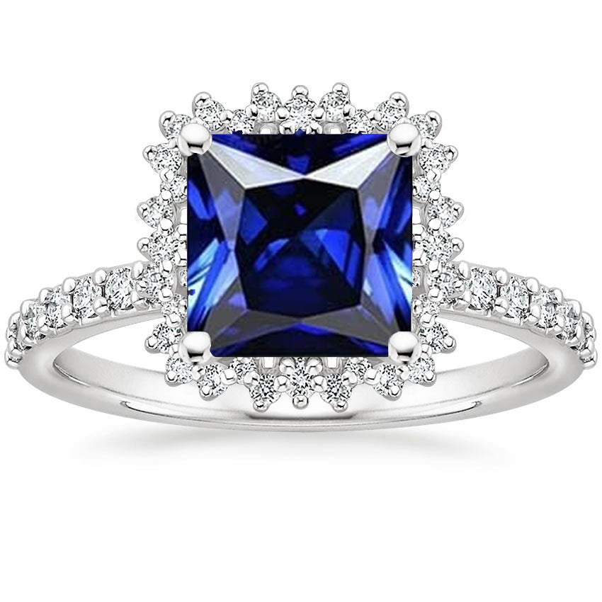 Diamond Gorgeous fancy   Engagement Ring Halo Ceylon Sapphire Sunburst Style