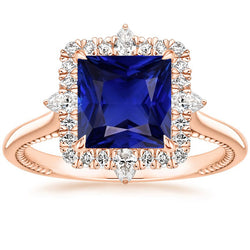 Halo Engagement Ring Vintage Style Blue Sapphire 6.25 Carats Rose Gold