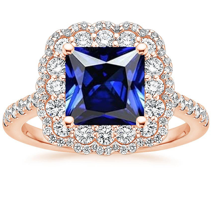 Gorgeous Ladies Stylish Halo Round Diamond Ring Flower Style Princess Blue Sapphire