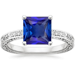 Princess Solitaire Ring With Accents Blue Sapphire Filigree 5.50 Carat
