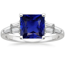 Baguette Natural Earth Mined Diamond Ring & Princess Ceylon Sapphire Gemstone 5.50 Carats