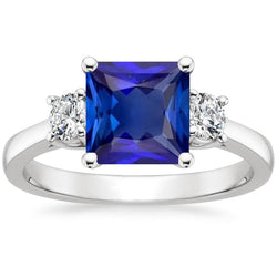 White Gold Natural Earth Mined Diamond Ring Princess Ceylon Sapphire 3 Stone 5.50 Carats