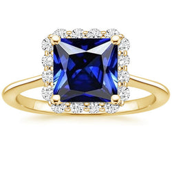 Yellow Gold Natural Earth Mined Diamond Halo Ring With Princess Cut Blue Sapphire 6 Carats
