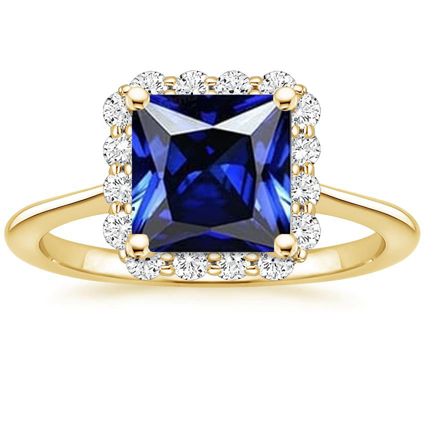 Yellow Gold  Gorgeous Ladies Stylish Diamond Halo Ring With Princess Cut Blue Sapphire