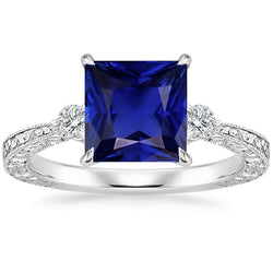 Three Stone Gemstone Ring Princess Blue Sapphire & Diamond 5.25 Carats