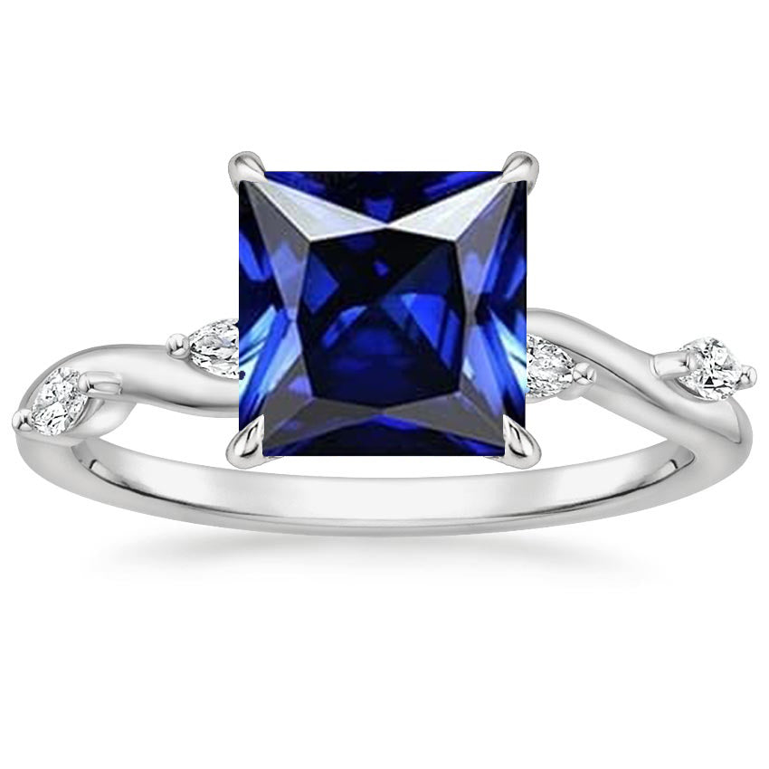 New Style Gorgeous Ladies Stylish Solitaire Blue Sapphire Ring With Accents Marquise Diamonds