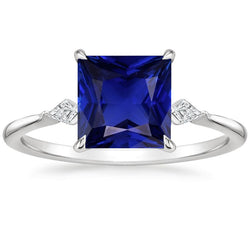 Women's Natural Earth Mined Diamond Ring Princess Blue Sapphire 5.25 Carats White Gold
