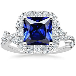 Diamond Halo Blue Sapphire Ring Princess Cut With Accents 7.50 Carats