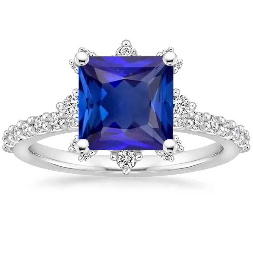 Gorgeous Ladies Stylish White Gold Diamond Ring Halo Ceylon Sapphire With Accents