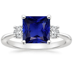 Three Stone Ring Princess Blue Sapphire & Round Natural Earth Mined Diamonds 5.50 Carats