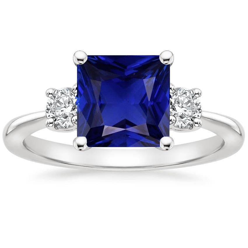 Ladies Stylish Three Stone Ring Princess Blue Sapphire & Round Diamonds