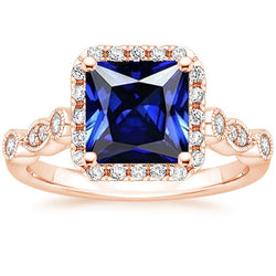 Women's Halo Gemstone Ring Princess Ceylon Sapphire 6 Carats Rose Gold