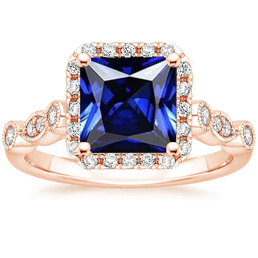 New Stylish fancy Women's Halo Gemstone Ring Princess Ceylon Sapphire 6 Carats Rose Gold