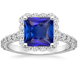Women’s Halo Diamond Ring Ceylon Sapphire Stone & Accents 6.50 Carats