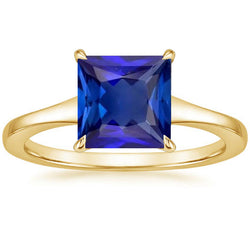 Yellow Gold Solitaire Ring Princess Blue Sapphire Gemstone 5 Carats