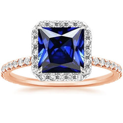 Halo Princess Sapphire Ring Two Tone Pave Diamond Accents 6.25 Carats