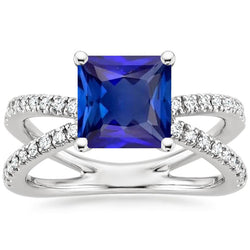 Women Diamond Engagement Ring 6.25 Carat Blue Sapphire Princess Center