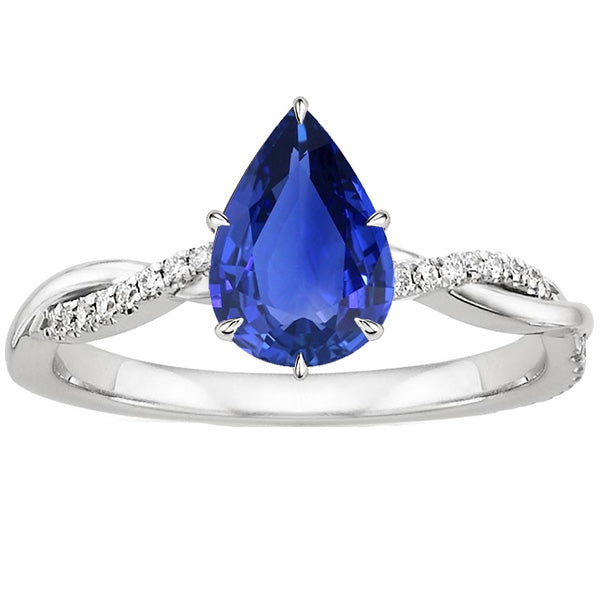 New Amazing Women Engagement Diamond Ring & Pear Blue Sapphire White Gold