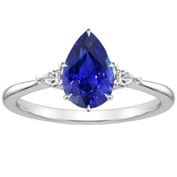 Three Stone Gemstone Ring Pear Ceylon Sapphire & Natural Earth Mined Diamonds 4.25 Carats