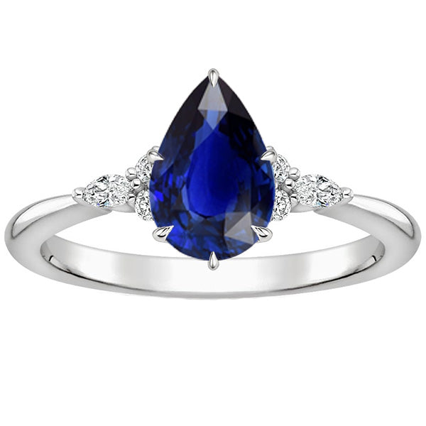 Best Amazing Women Diamond Anniversary Ring Pear Cut Blue Sapphire Center 