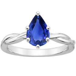 White Gold Solitaire Ring Pear Blue Sapphire 4 Carats Twisted Shank