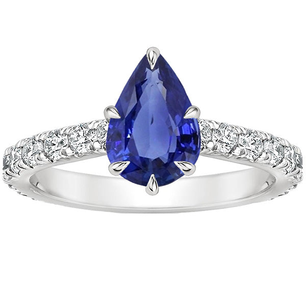 Sparkling Unique Pave Diamond Engagement Ring Prong Set Pear Blue Sapphire