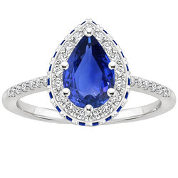 Natural Earth Mined Diamond Halo Ring Pear & Round Blue Sapphires With Accents 5.25 Carats
