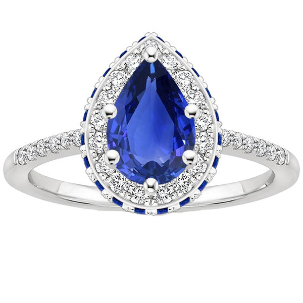 Sparkling Unique Diamond Halo Ring Pear & Round Blue Sapphires With Accents
