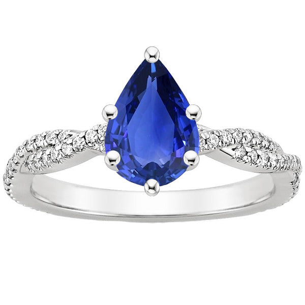 Sparkling Unique Pear Solitaire Ring Blue Ceylon Sapphire With Accents Gold