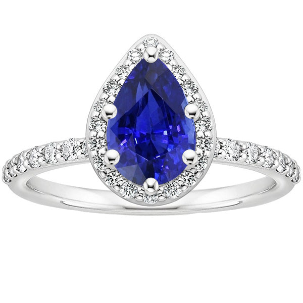 New High Quality Wedding  Halo Ring White Gold 14K Pear Ceylon Sapphire & Diamonds