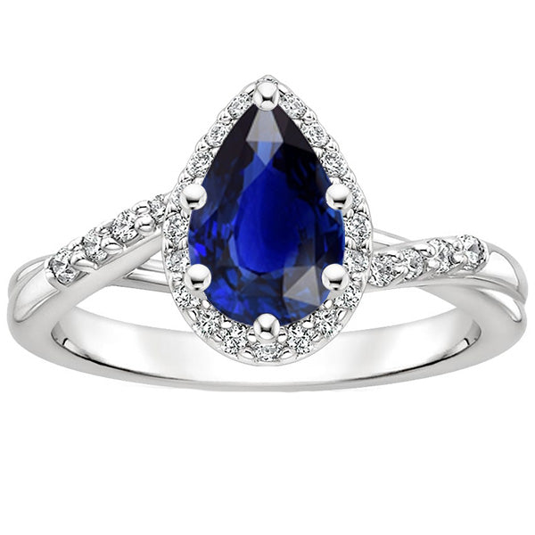 New High Quality Wedding  Ring Twist Style Pear Blue Sapphire & Diamonds