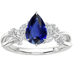 Solitaire Accents Ring Pear Blue Sapphire & Natural Earth Mined Diamonds 3.75 Carats