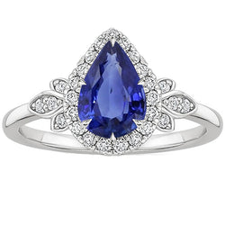 Halo Ring Floral Style Pear Sri Lankan Sapphire & Natural Earth Mined Diamonds 4 Carats