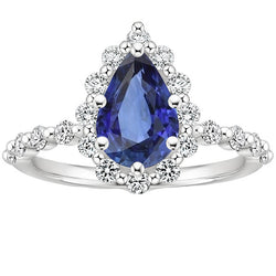 Halo Ring Flower Style Pear Blue Sapphire & Natural Earth Mined Diamonds 5 Carats