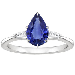 Three Stones Ring Pear Blue Sapphire & Baguette Natural Earth Mined Diamonds 3 Carats