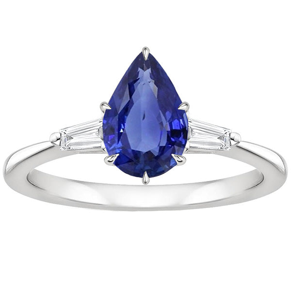  Lady’s Brilliant Engagement  Three Stones Ring Pear Blue Sapphire & Baguette Diamonds