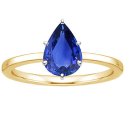 Solitaire Ring Two Tone Gold 14K Pear Ceylon Sapphire 2 Carats