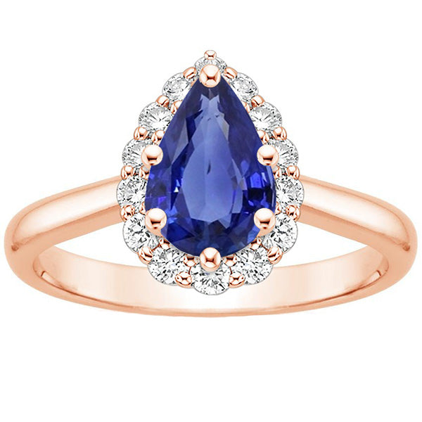 Halo Ring Fancy Princess Rose Gold Pear Shape Blue Sapphire & Diamonds