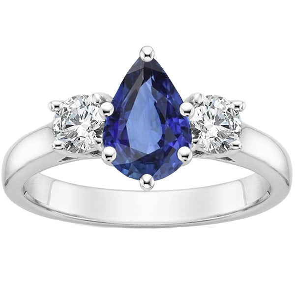 3 Stone Anniversary Ring Pear Ceylon Sapphire & Natural Earth Mined Diamonds 4.50 Carats