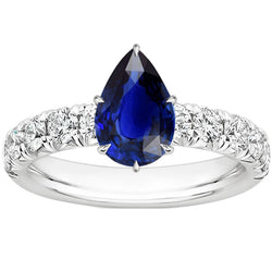 Solitaire Accents Ring Pear Blue Sapphire & Natural Earth Mined Diamonds 5 Carats Pave Set