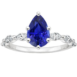 Engagement Ring With Accents Pear Blue Sapphire & Natural Earth Mined Diamonds 3.75 Carats