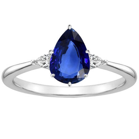 Pear Diamond 3 Stone Blue Sapphire Ring Gold