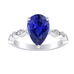 Round Diamond & Pear Blue Sapphire Anniversary Ring 2 Carats Milgrain