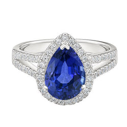 Halo Diamond Engagement Ring Pear Ceylon Sapphire Split Shank 4 Carats