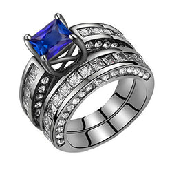 Black Gold Princess Diamond Blue Sapphire Engagement Ring Set 3 Carats