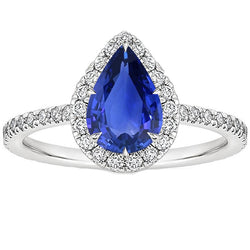 Halo Engagement Ring Pear Ceylon Sapphire & Natural Earth Mined Diamonds 3.50 Carats