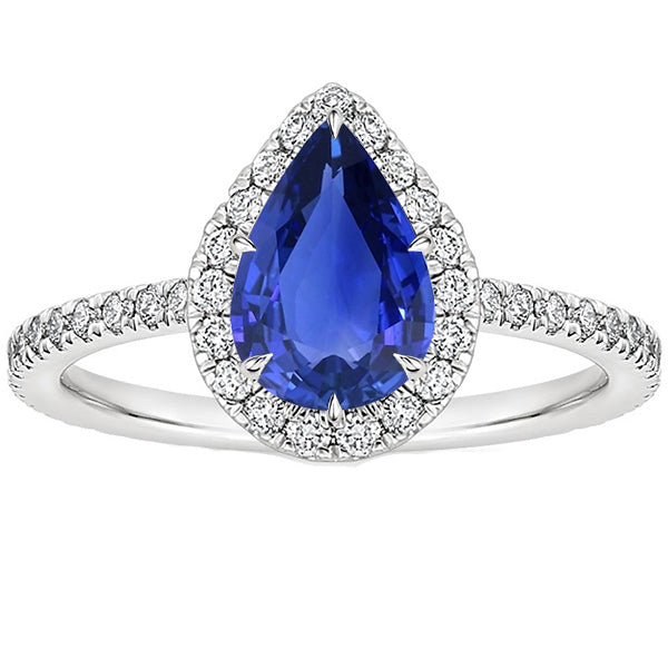 Halo Engagement Ring Pear Ceylon Sapphire & Natural Earth Mined Diamonds 3.50 Carats